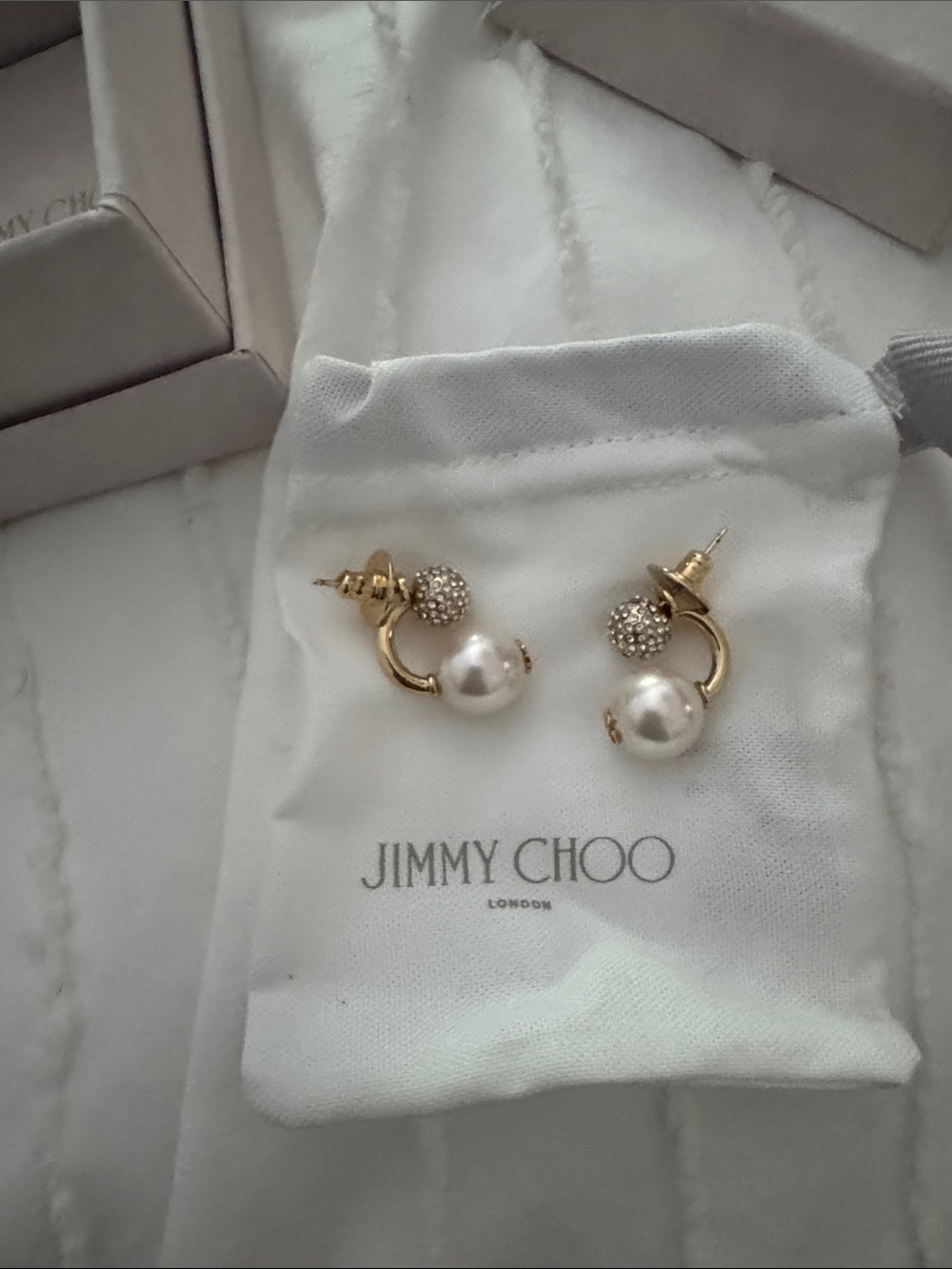Jimmy Choo Gold finish Auri Earrings with White Pearls and Crystal Studs